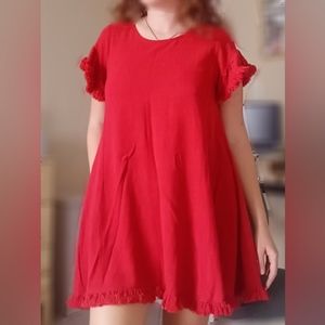 Umgee half cotton half linen red babydoll dress with pockets